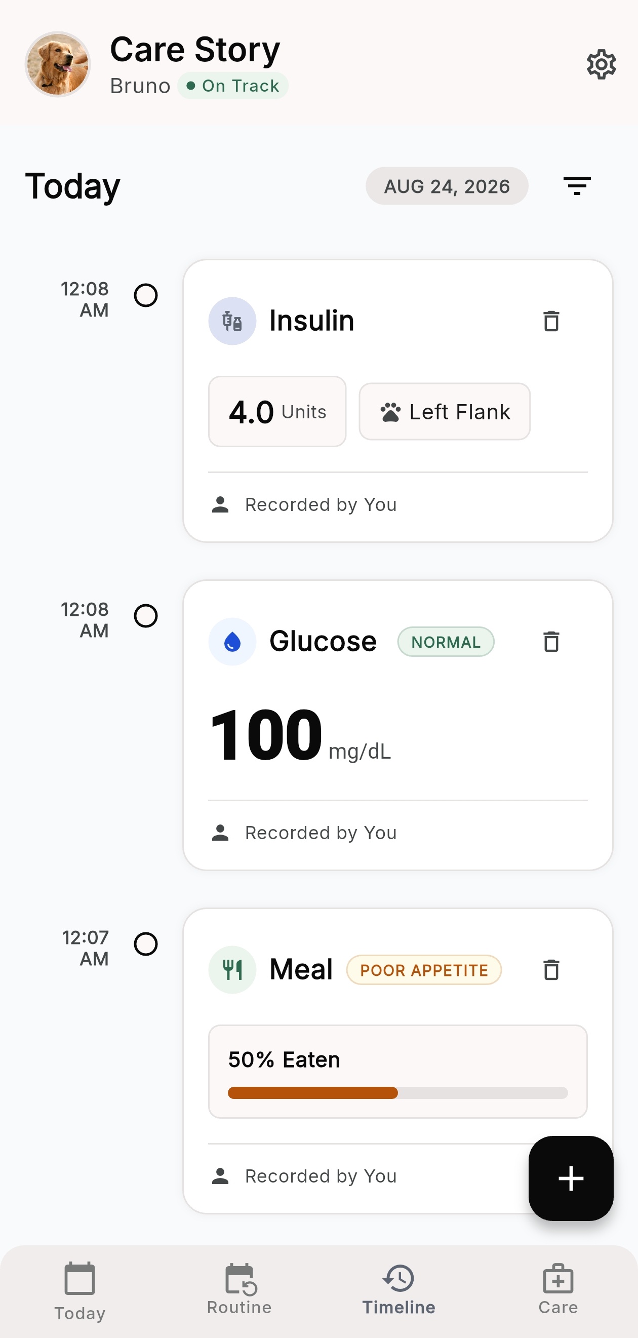 PawwCare app showing a pet care timeline with insulin, glucose and meal logs